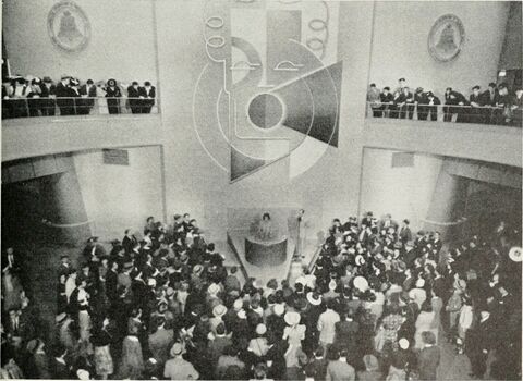 A crowd listening to a voice demonstration, 1939